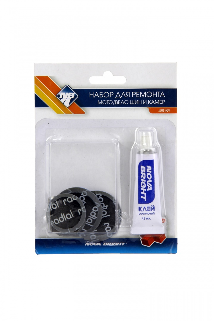 Заплаток набор для ремонта камер, шин и др. резиновых изделий "Nova Bright" (2шт х42мм, 3шт х 32мм, клей и рашпиль)