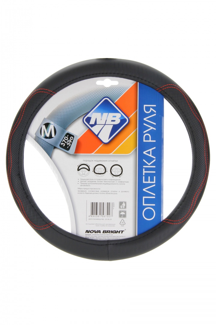 Оплетка рулевого колеса "Nova Bright" (M) экокожа, черная с узорами красной нитью и перфорацией