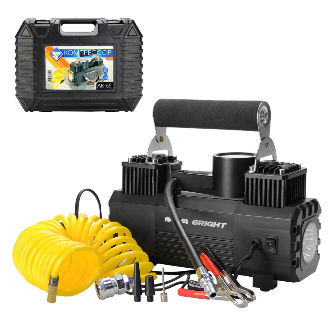 Компрессор "Nova Bright" АК-65 двухпоршневой, до 65 л/мин., 150 PSI, 12В, металлический корпус, пластиковый кейс, LED-фонарь