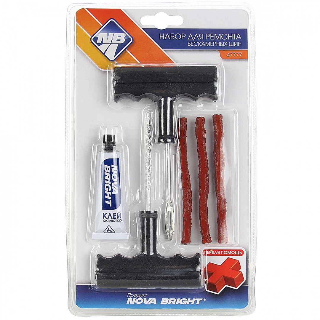Набор для ремонта бескамерных шин "Nova Bright" (спиральный рашпиль, шило, жгуты, клей)