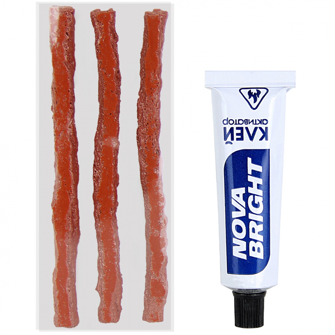 Набор для ремонта бескамерных шин "Nova Bright" (спиральный рашпиль, шило, жгуты, клей)